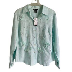 Grace Elements Linen Top Embroidered Flowers Light Green Women’s 1X NEW NWT